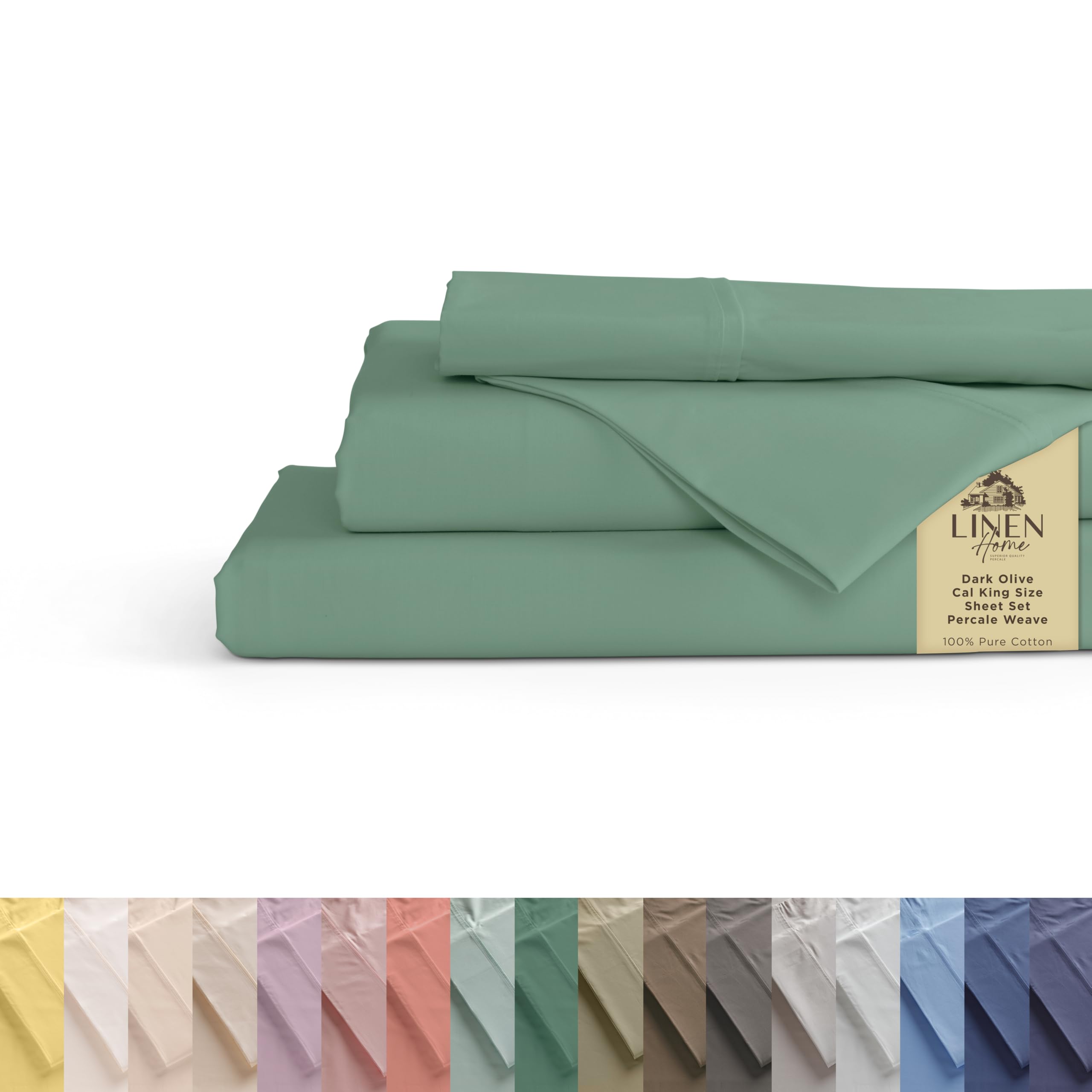 Linen Home 100% Cotton Percale Sheets California King Size, Frosty Green, Deep Pocket, 4 Pieces Set- 1 Flat, 1 Fitted and 2 Pillowcases, Crisp Cool and Long Staple Strong Bed Linen