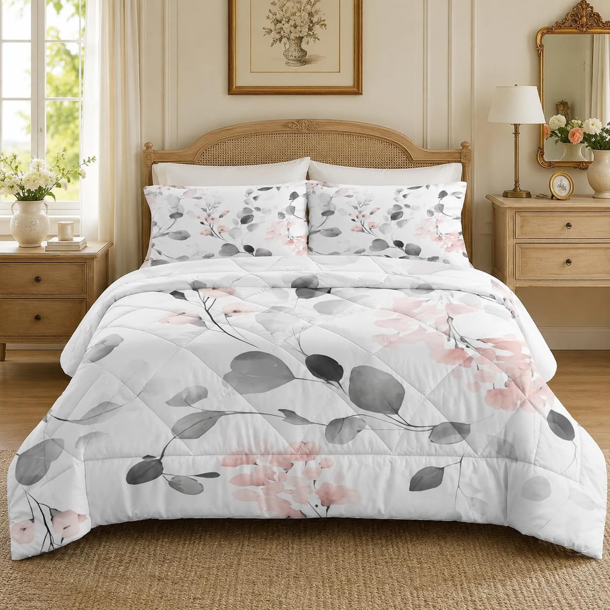 Couette 220x240 Imprimée Feuilles D'eucalyptus Couette 4 Saisons Gris Couette sans Housse Couette 2 Personnes en Microfibre, Couette Réversible Ultra Douce Lavable en Machine
