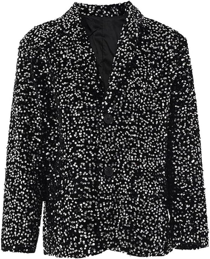 Women Sequin Blazer Lapel Long Sleeve Loose Casual Suit Jacket