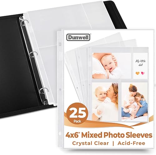 Dunwell Photo Album Refill Pages - (4x6 Mixed Format, 25 Pack) for 150 Photos, 3-Ring Binder Photo Pockets, Each Photo Page Holds Six 4 x 6 Pictures, Postcard Sleeves, Archival Photo Sleeves 4x6