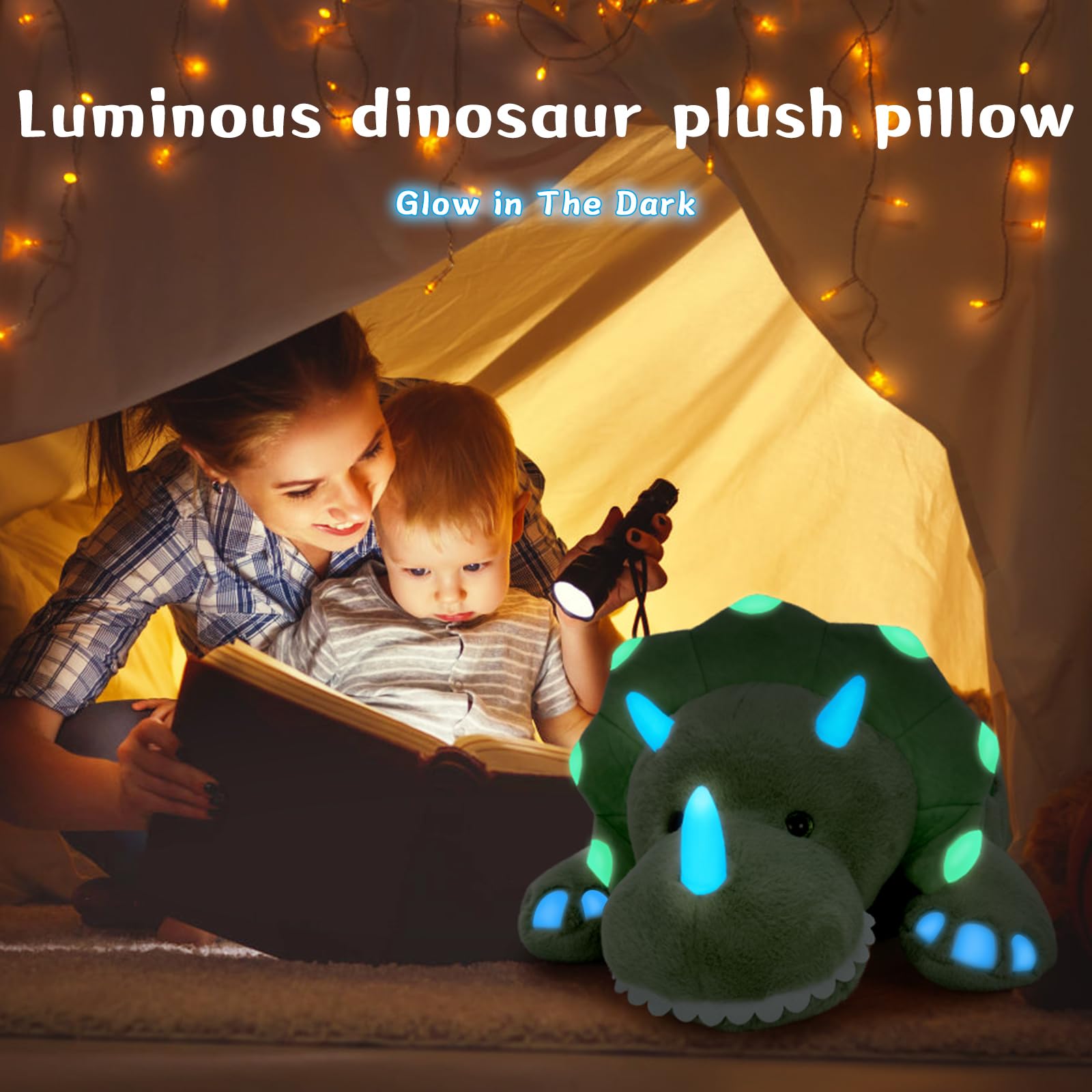 Tezituor Dinosaurier gefüllte Tiere, 81,3 cm, große grüne Dino, Triceratops, Spielzeugkissen, leuchtet im Dunkeln, zum Schlafen, Geburtstag, Valentinstag