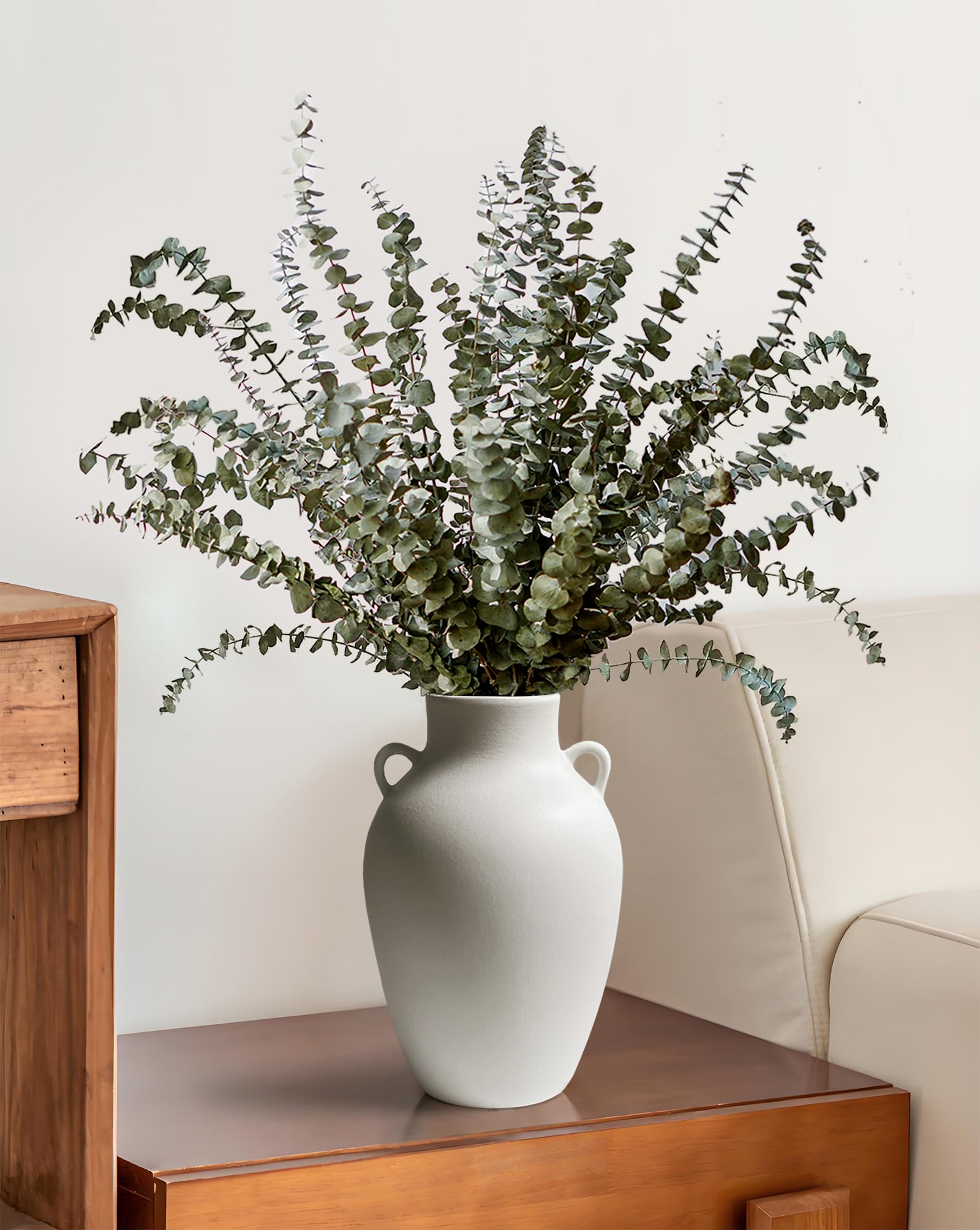 Jarrón de cerámica blanca con asas de orejas de 10 pulgadas para centro de mesa, jarra hecha a mano de porcelana para flores, jarra impermeable para ramas frescas de tallo largo, plantas