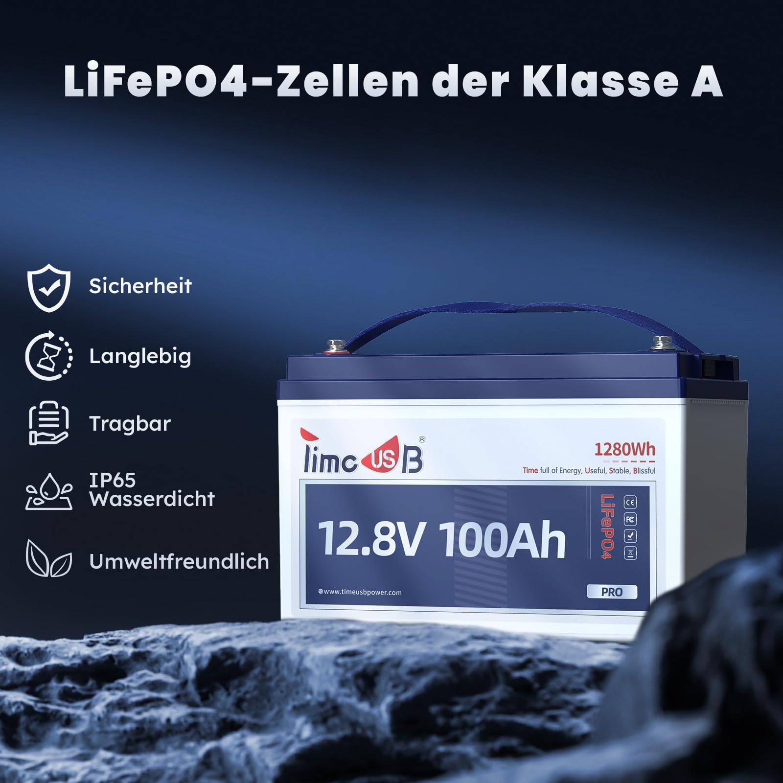Timeusb LiFePO4 12V 100Ah Gruppe 31 Lithium Batterie für Wohnmobil Boot | Integrierter 100A BMS,4000–15000 Zyklen,Wasserdicht nach IP65,1280Wh Lithium Ionen Akku für Solaranlagen und Off-Grid