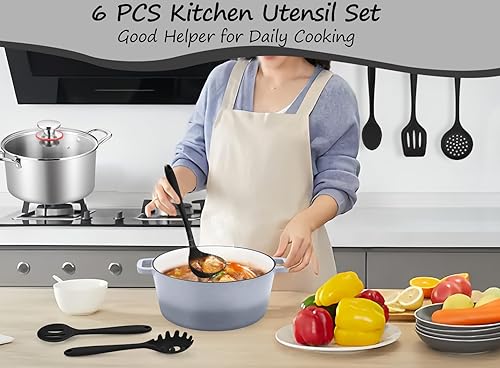 Miniatura 6 de TeamFar Juego de 6 utensilios de cocina de silicona, resistentes al calor, espátula, cucharón, cuchara para pasta, servidor de pasta para utensilios