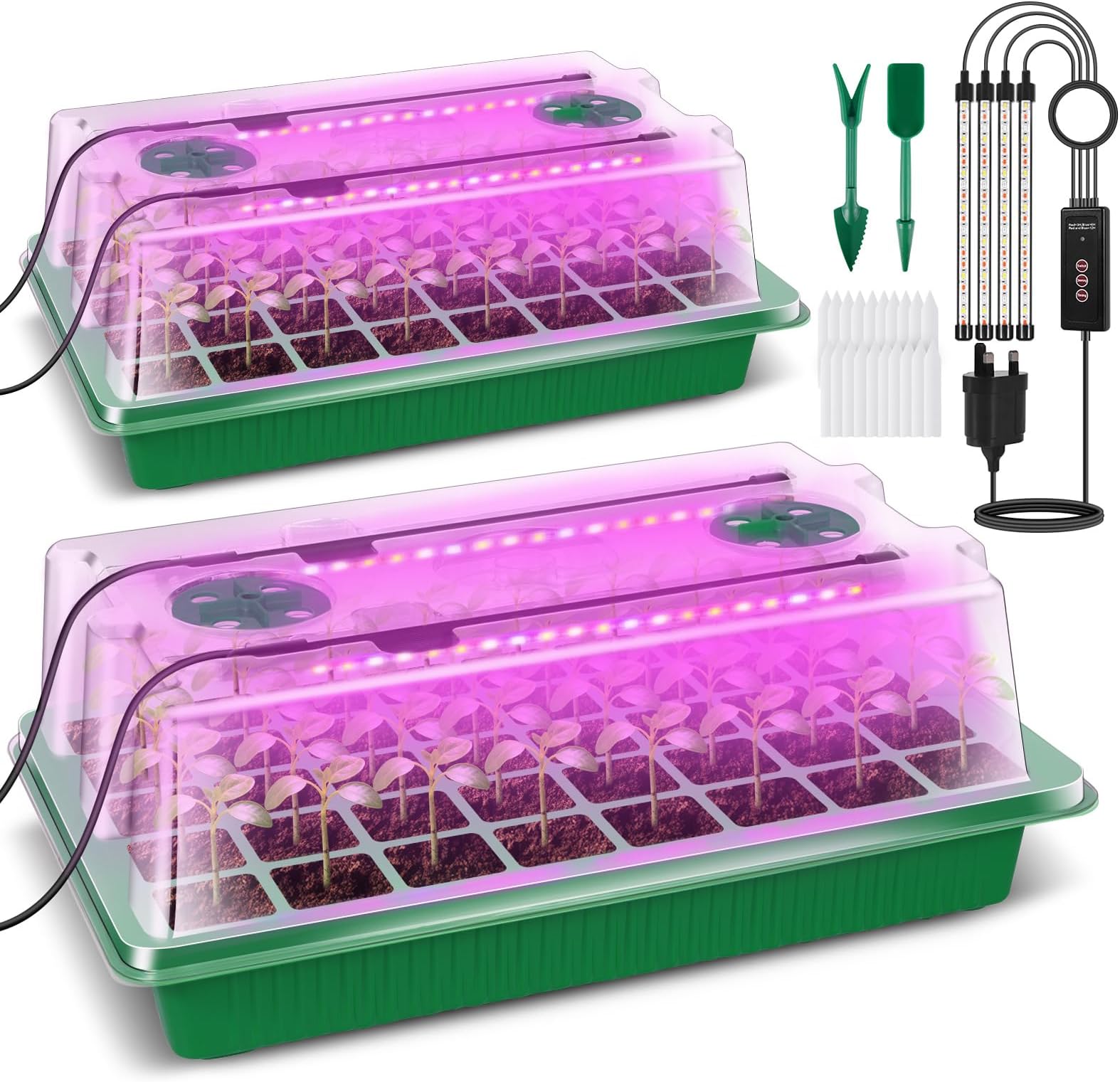 Verdenu Seed Trays with Grow Light, 2 Pack 80 Cells Propagators for Plants with Heightened Lids, Adjustable Brightness Propagator with Smart Timer, 3 Modes, 4 Timing, Seed Starter Tray for Seedlings
