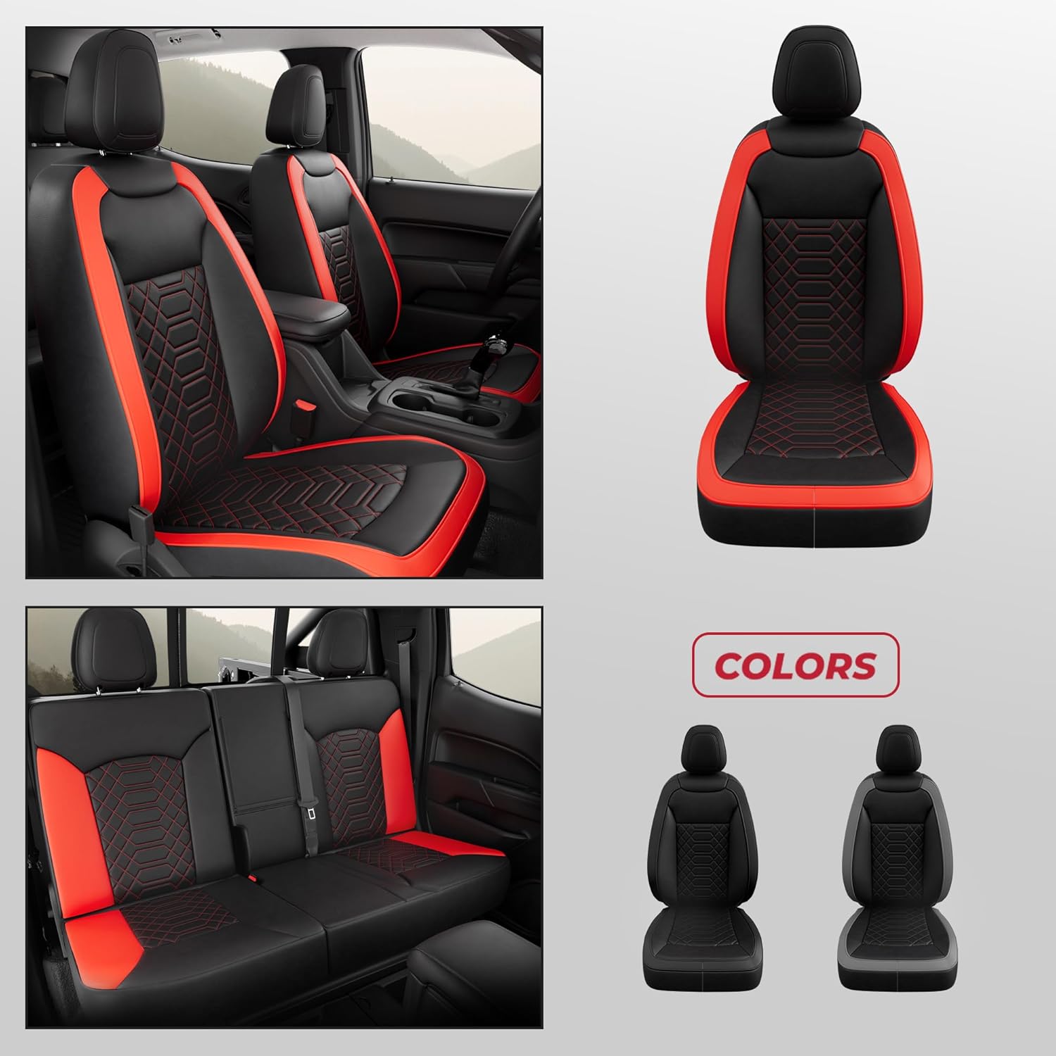 FREESOO Custom 1:1 for Chevy Colorado Seat Covers, Fit for Colorado 2014-2022 Crew Cab Z71 LT ZR2 Work Truck, Faux Leather Seat Covers Full Set - Rear Row W/40/60 Split Seat (BlackRed) 5 seat