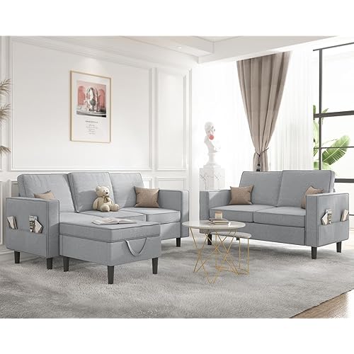 Mjkone Modern Sectional Sofa Couch Set with Solid Wooden Legs, 3 Pcs Couch Sets with Storage Ottoman, Sofa and Loveseat Set with 8 Side Pockets, Living Room Furniture Set for Living Room (Light Gray)