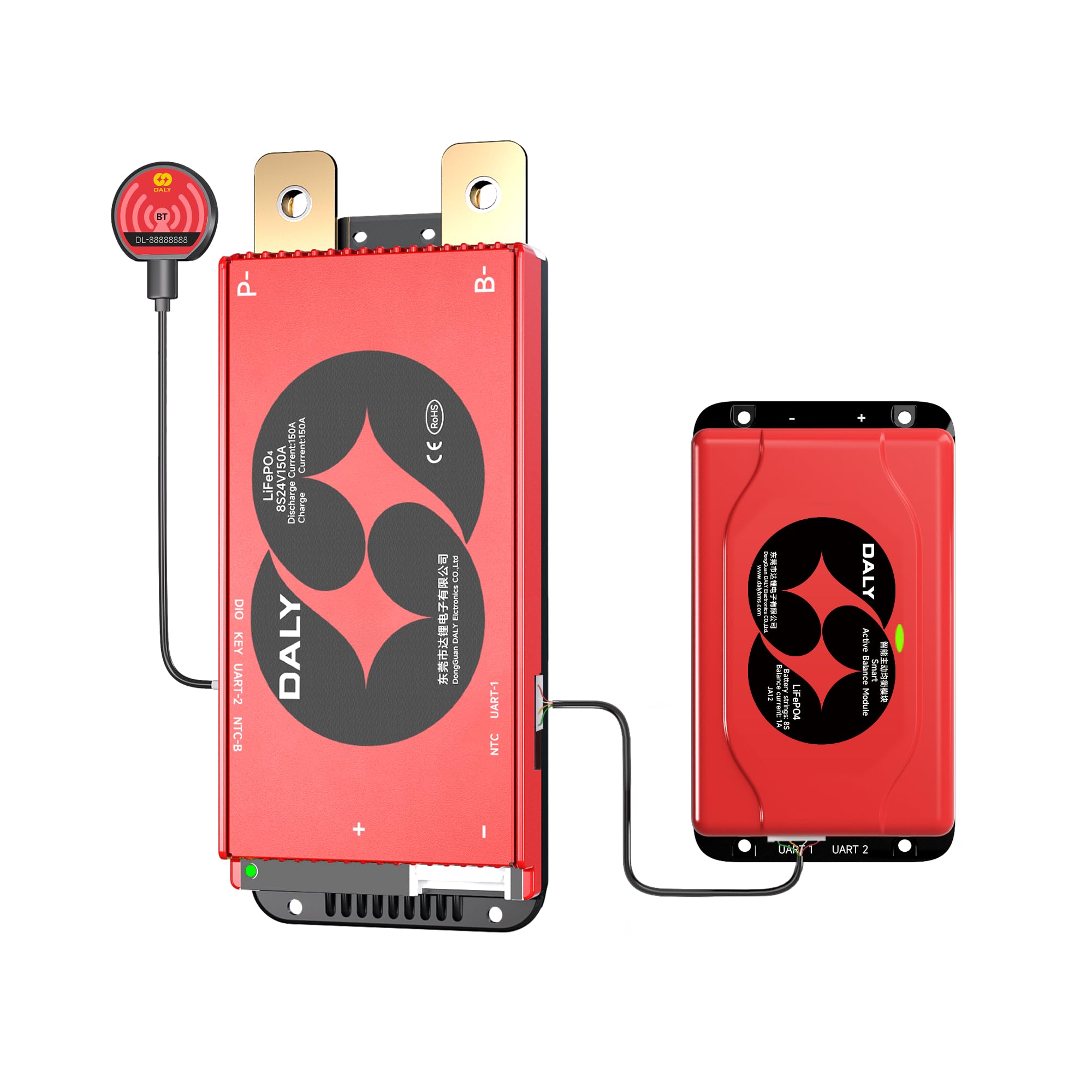 DALY BMS 24V 8S 150A Balance – 1A Active Cell Balancing BMS mit Bluetooth Modul für 24V LiFePO4 Akkupack Energiespeicherung für Privathaushalte RV