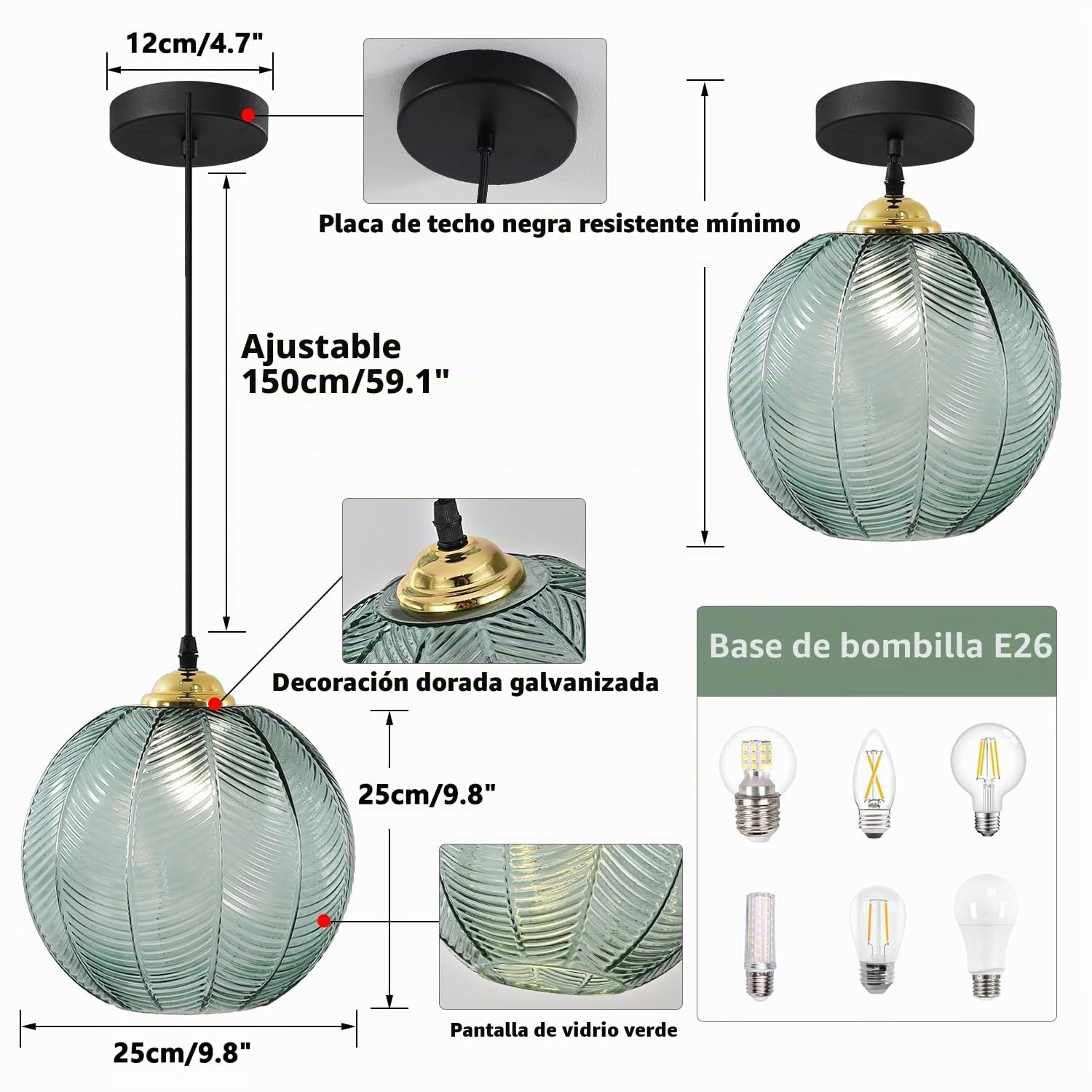 KCO Iluminación moderna de globo grande colgante lámpara colgante de cristal verde nórdico, lámpara colgante negra para cocina, casa de campo, isla de cocina, luz vintage individual verde para colgar