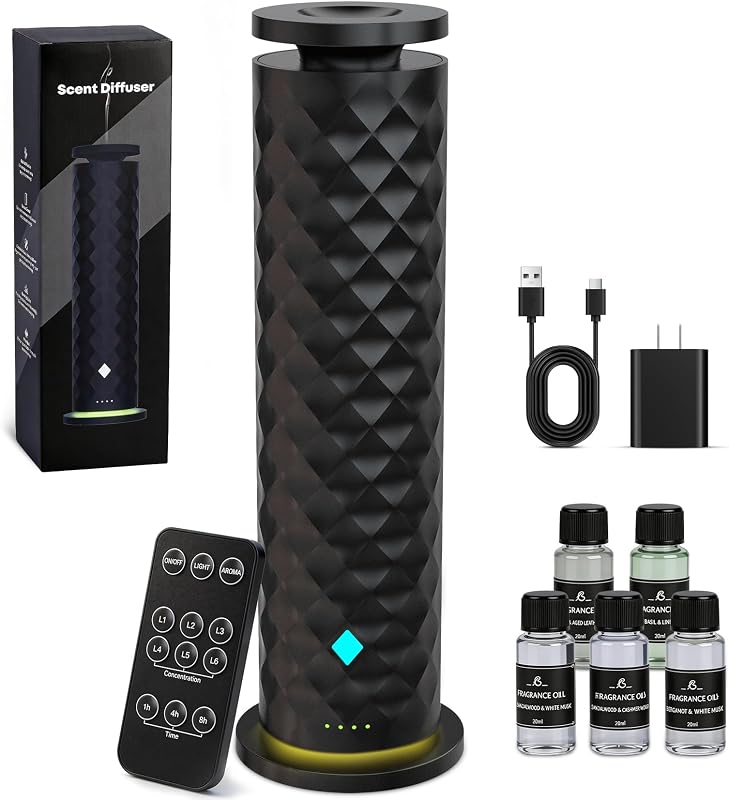 Waterless Scent Diffuser Starter Kit – Remote Control Cold Air Diffuser, 1000 Sq Ft Coverage Color and Ambient Light, Ultra-Quiet Quiet Nebulizing Aromatherapy for Home, Office, Bedroom & Spa