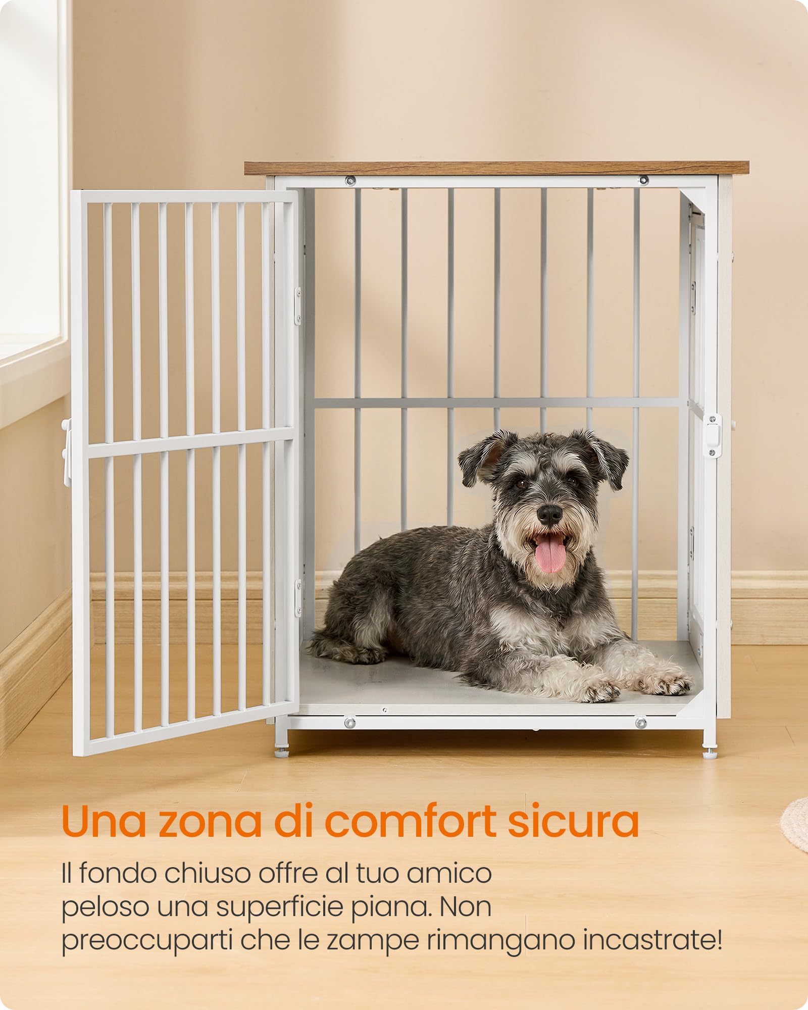 Feandrea Mobile Gabbia per Cani, Gabbia Moderna da Interno con Base Chiusa, 2 Porte, M, per Cani fino a 20 kg, Bassotto, Shih Tzu, Schnauzer Nano, Bianco Nuvola e Marrone Miele PFC022KB01