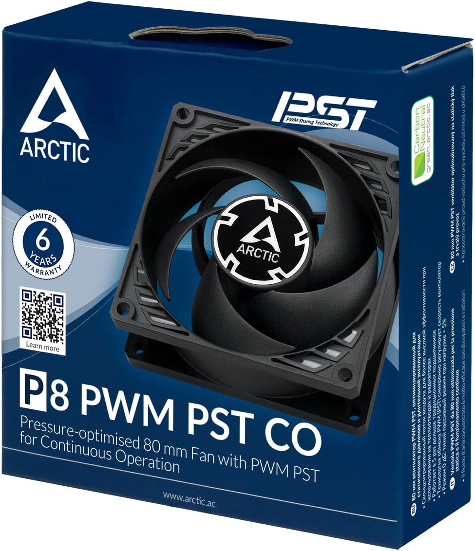 ARCTIC P8 PWM PST CO - 80 mm PC Case Fan with PWM PST for Continuous Operation, 200-3000 RPM, Noise Level: 0.3 Sone, Airflow: 23.4 CFM