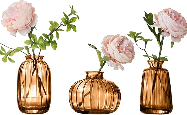 Glass Bud Vase Set of 3, Decorative Small Vase for Table Living Room Bedroom Home Office Kitchen Decor Brown