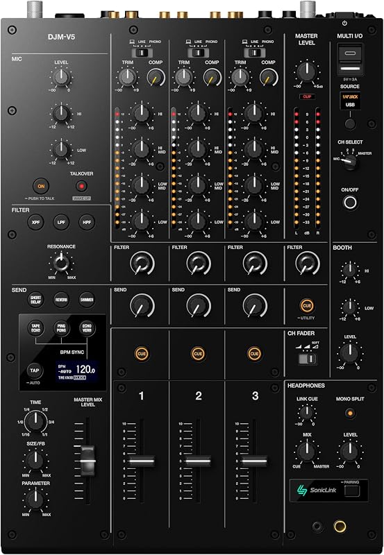 AlphaTheta DJM-V5 3-Channel DJ Mixer, Send FX, SonicLink, Black | For creative club DJs, 3-channel mixer, DJM-V10 sound, 4-band EQ, Send FX, cross-pass filter