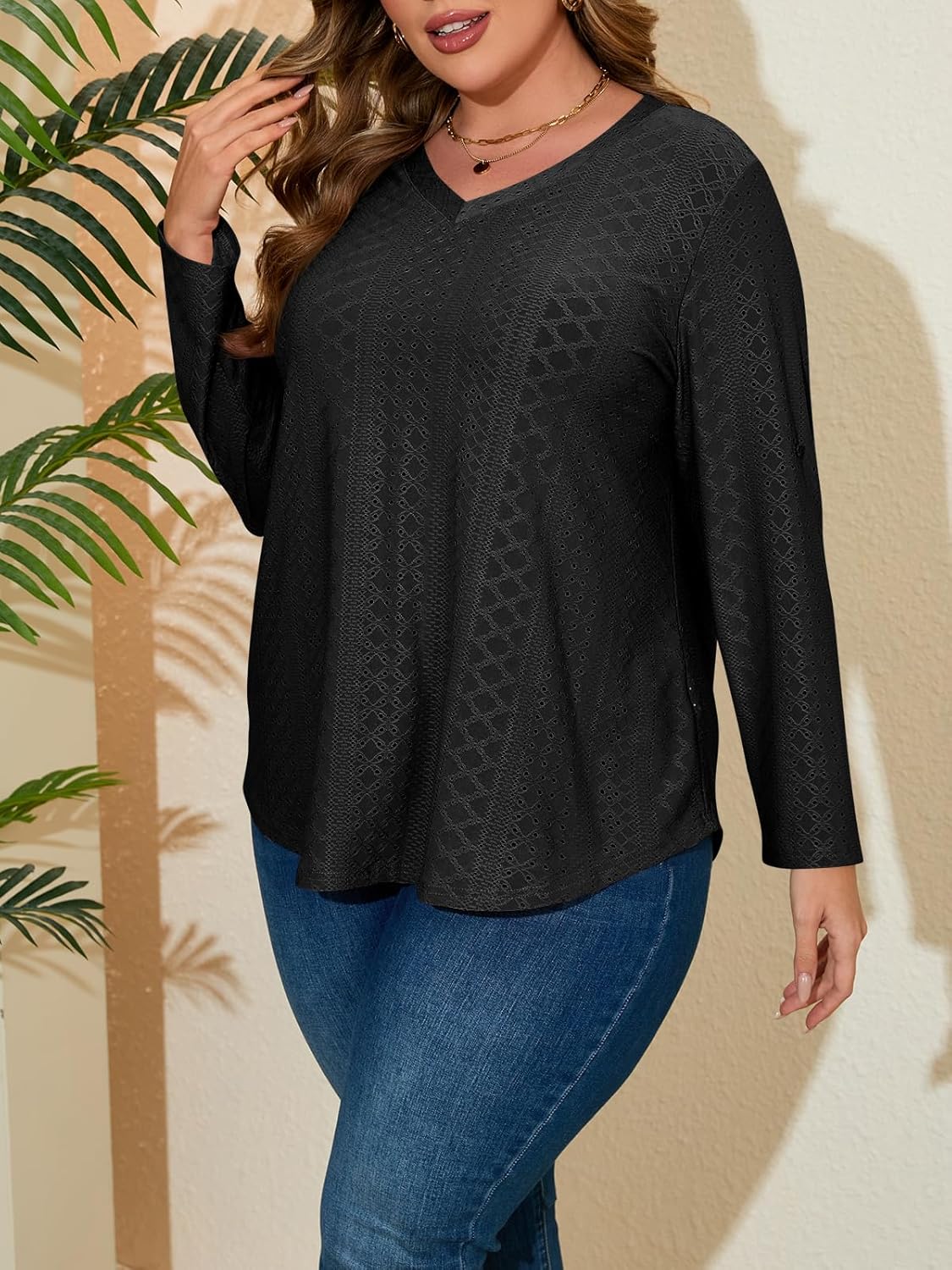 Beautife Womens Plus Size Eyelet Tunic Tops Dressy Casual Long Sleeve V Neck Blouses Curvy Loose Fit Shirts - Image 2