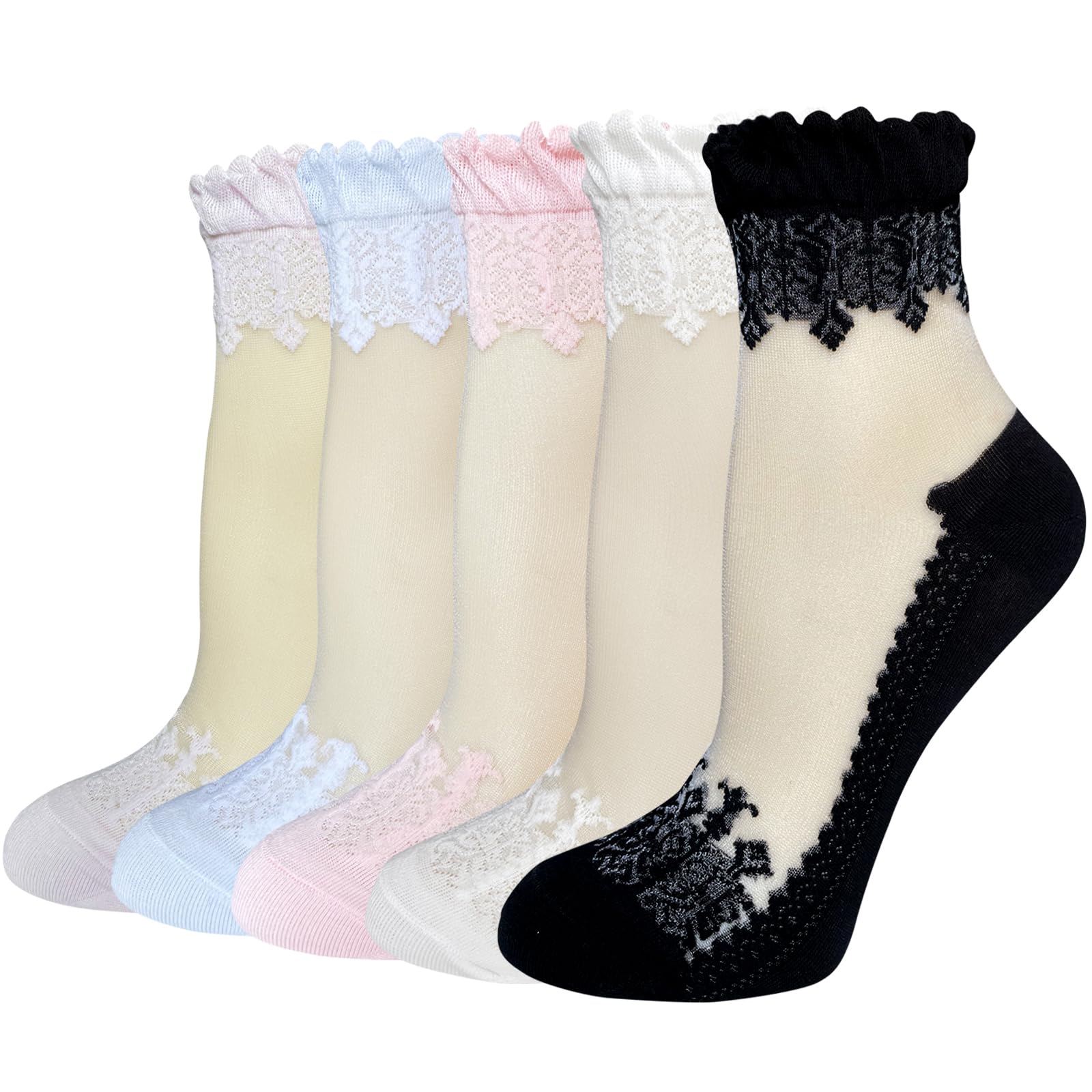 DXYAKY 5 Pairs Sheer Floral Socks for Women, Lightweight Mesh Ankle Lace Socks, Breathable Summer Cute Transparent Stockings