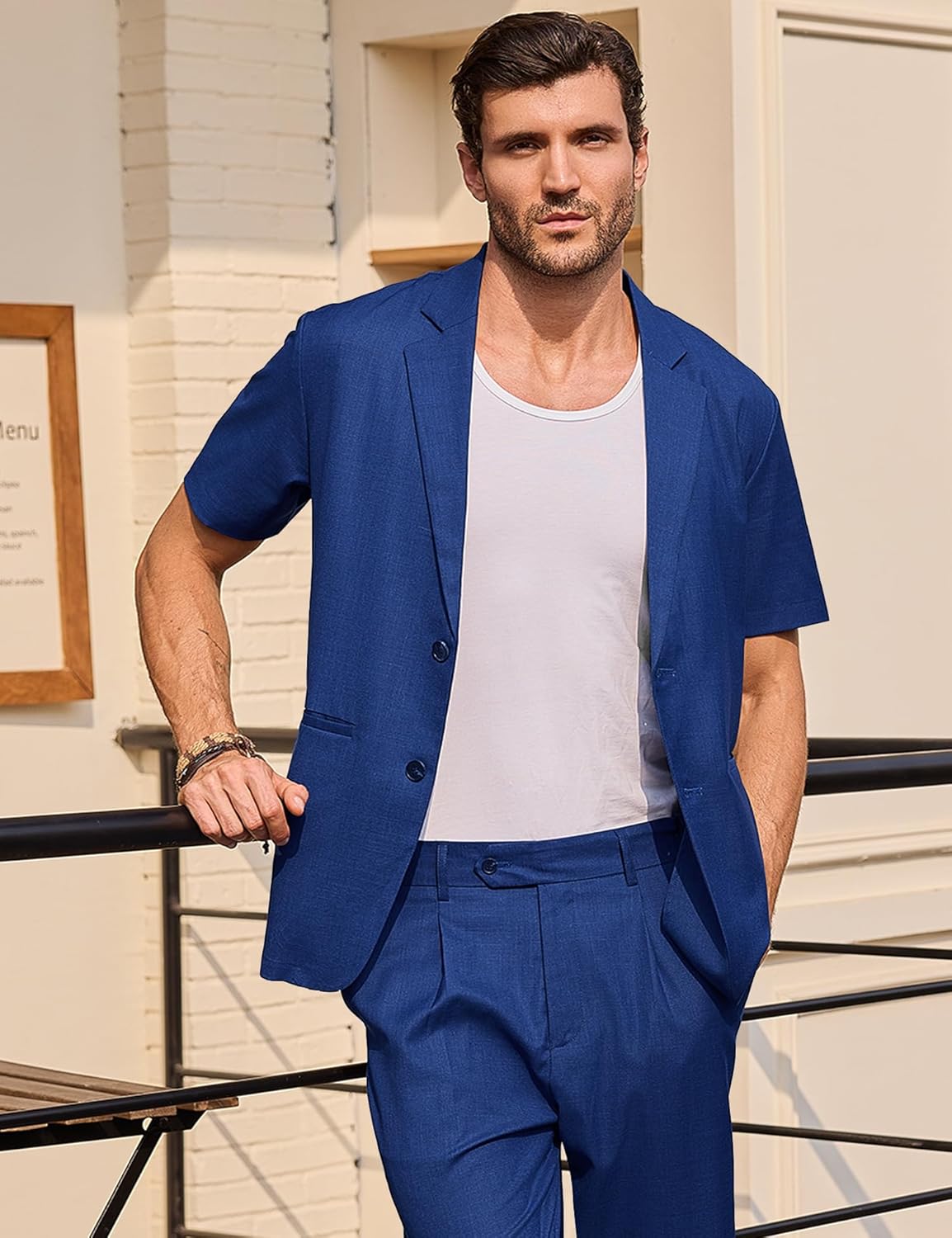 Men's Suits 2 Piece Set Casual Regular Fit Short-Sleeve Suit and Pants Set for Summer Business Prom Wedding Party