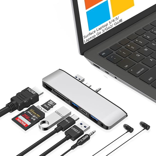 Ordinateur portable de surface 6/5/4/3 Hub Station d'accueil, USB-C Hub avec 4K@30Hz HDMI, 2xUSB 3.0, USB-C, SD/TF Fente de la carte, 3.5mm Audio pour ordinateur portable de surface 6/5/4/3/Laptop Allez. 3/Go2/Go