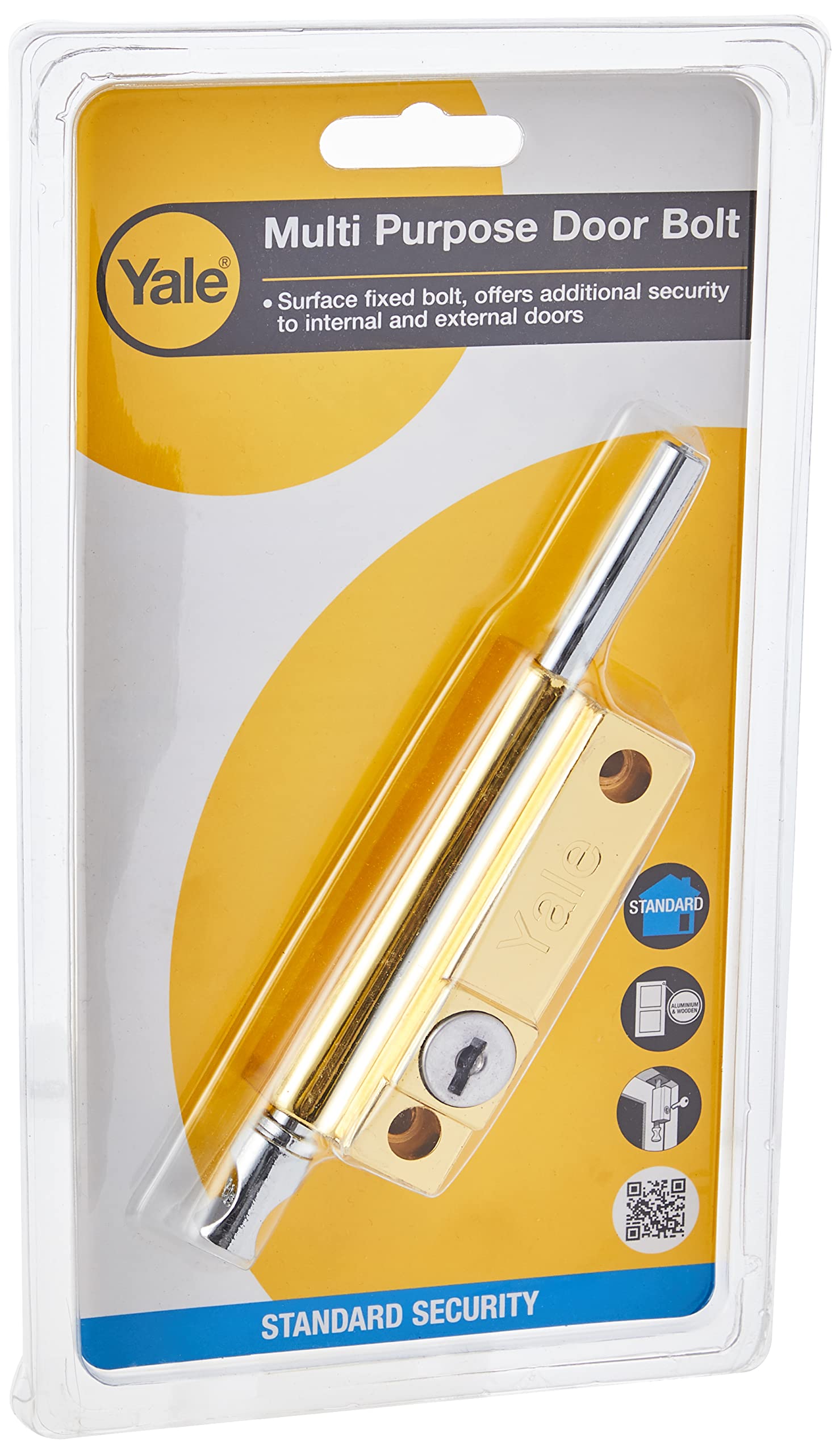 Yale P-124-PB Door Pushbolt, Polished Brass Finish, Standard Security, Visi Packed, suitable for aluminium doors and wooden doors