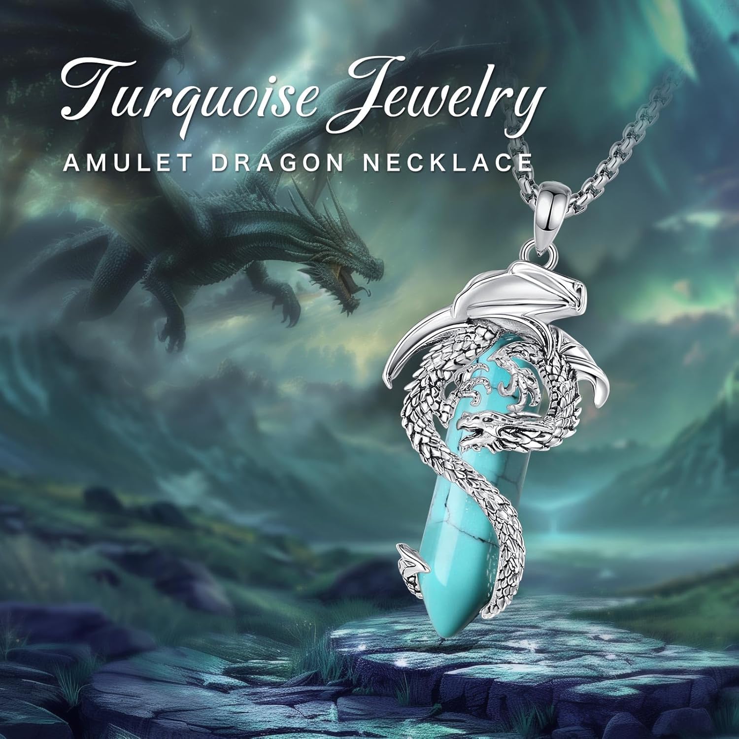 EUDORA Vintage Dragon Necklace with Healing Crystal for Women Men, Silver Plated Copper Viking Dragon Pendant Amulet Energy Gothic Jewelry, Gift for Women Men Dad Mother Mom, Chain 20" +24" - Image 3