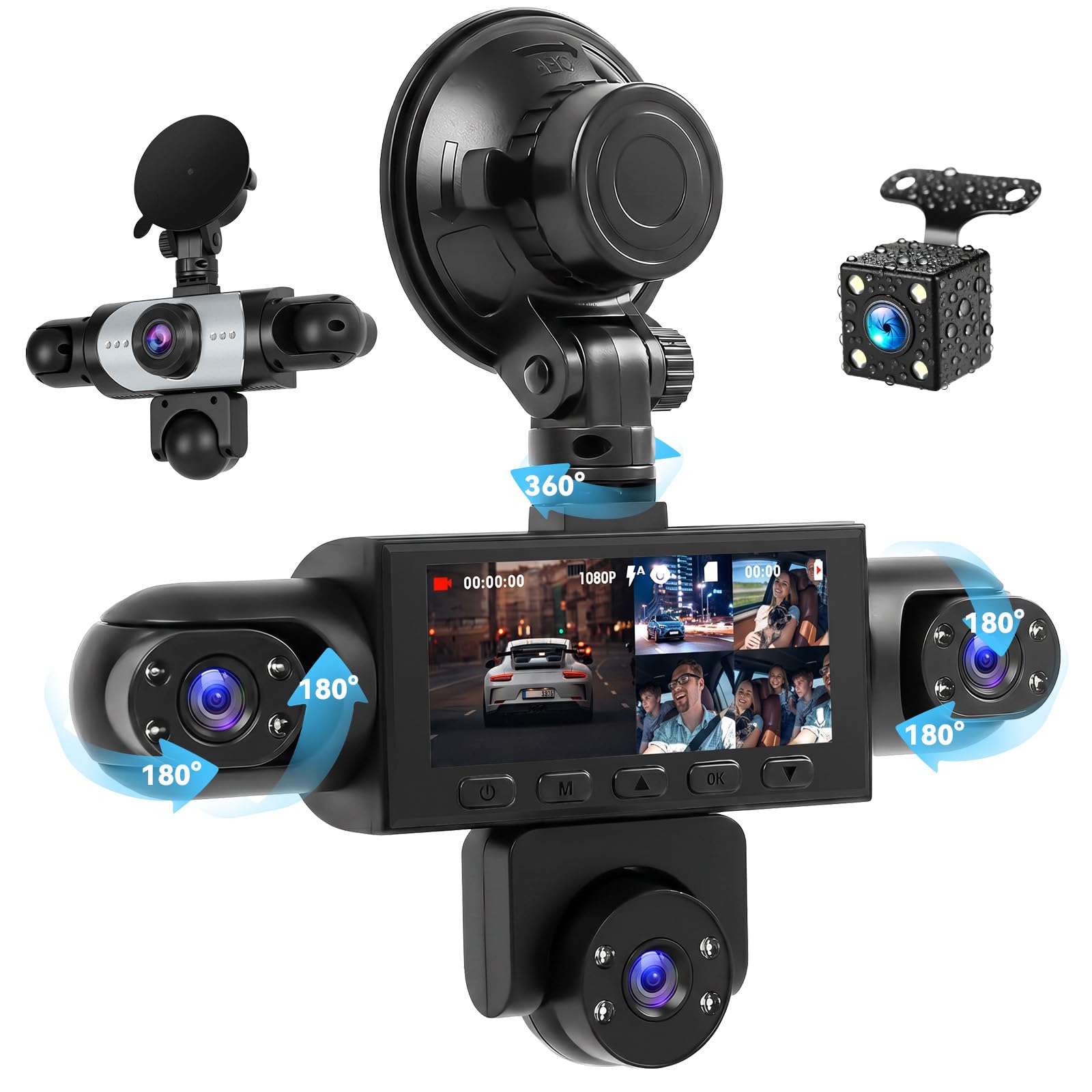 Caméra Embarquée pour Voiture 5 Camera 3,16" Vision Panoramique 360° Full HD 1080p Surveillance Stationnement Détection Mouvement DVR pour Voiture Assistance Marche Arrière Enregistrement en Boucle