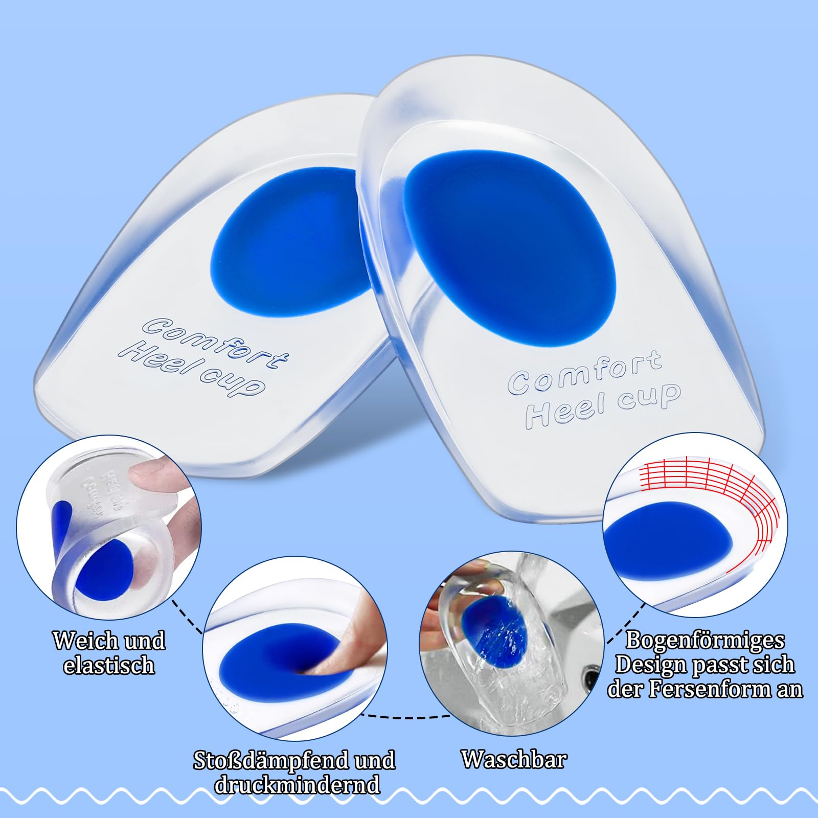 Taloneras Silicona, 5 pares Almohadillas de Gel para Talones Azul, Reducir los Golpes, Aliviar el Dolor Suave, Plantillas Talon para Fascitis Plantar, Espolon Calcaneo, Tendinitis (L)