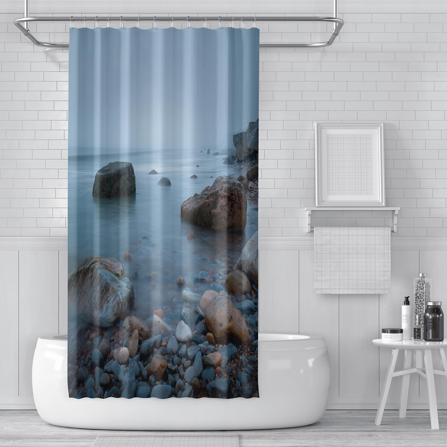 Cortina de Ducha con Diseño de Olas y Guijarros,con Ganchos de Plástico,Duradera y Lavable,Ideal para el Baño del Hogar y del Hotel,240Anx200Alcm (1 Panel).