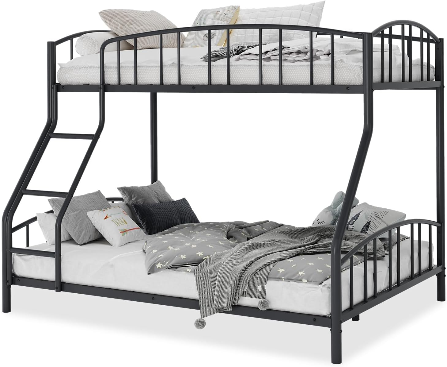 Garvee Bunk Bed Twin Over Full with Ladder and Arched Guardrail, Heavy Duty Bunkbeds Frame with Sturdy Steel Slats Support for Kids Boys Girls, Space-Saving, No Box Spring Needed, Black