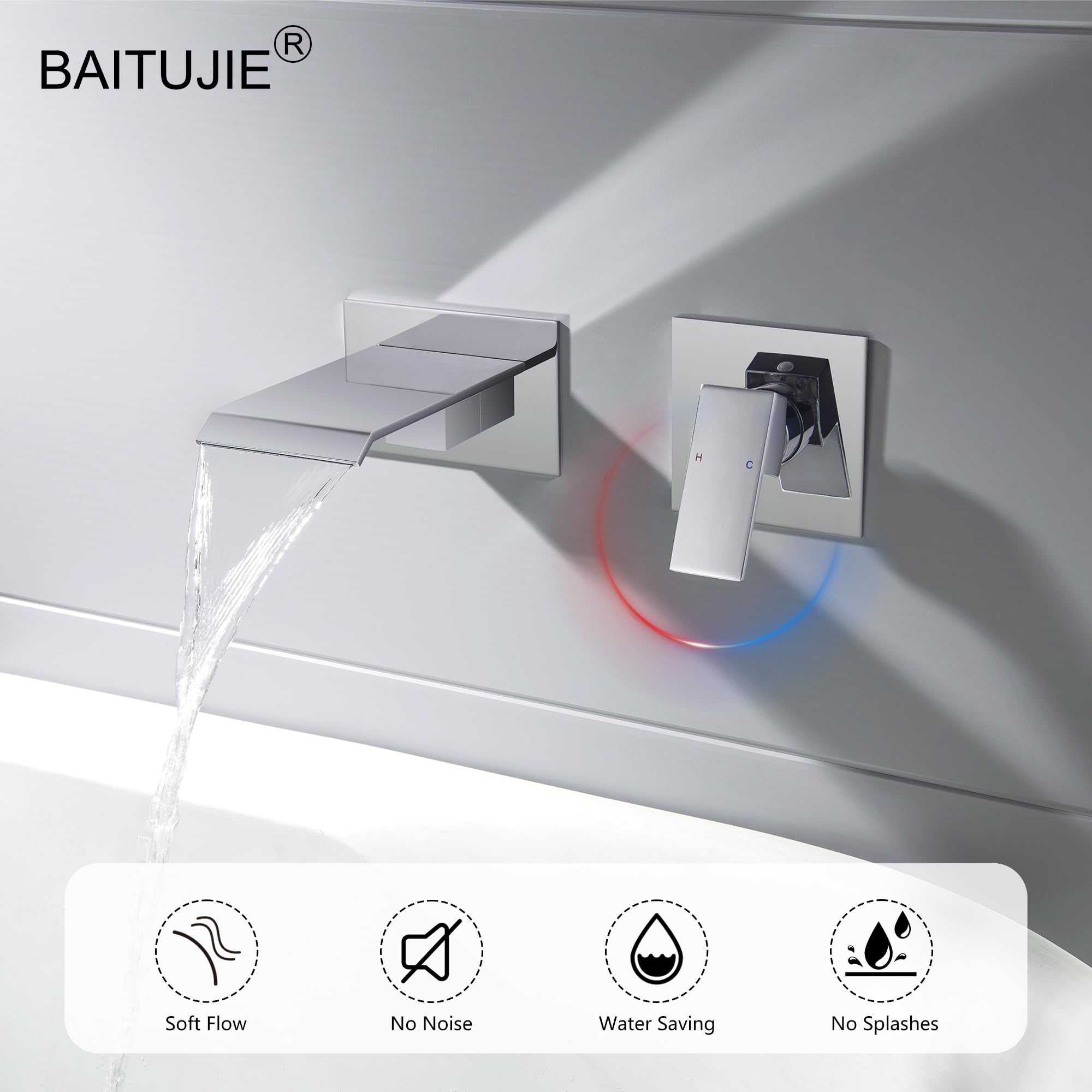 Grifo Lavabo Cascada Pared Grifo Baño Moderno Mezclador Bañera Empotrado Grifería Baño Monomando Agua fría y Agua Caliente (Cromo)