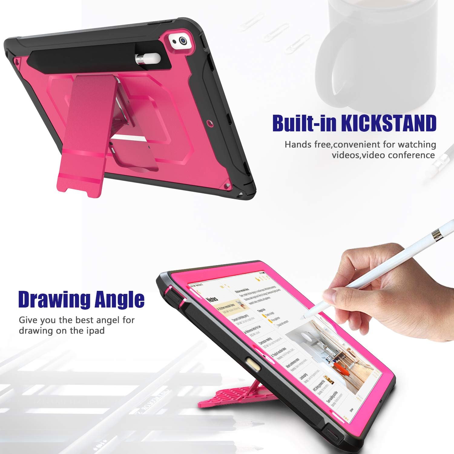Case for iPad Air 3rd 2019 / iPad Pro 10.5, Heavy Duty Shockproof Rugged High Impact Protective Case with Kickstand & Pencil Holder for Apple iPad Air (2019) / iPad Pro 10.5 (2017) (Hot Pink)