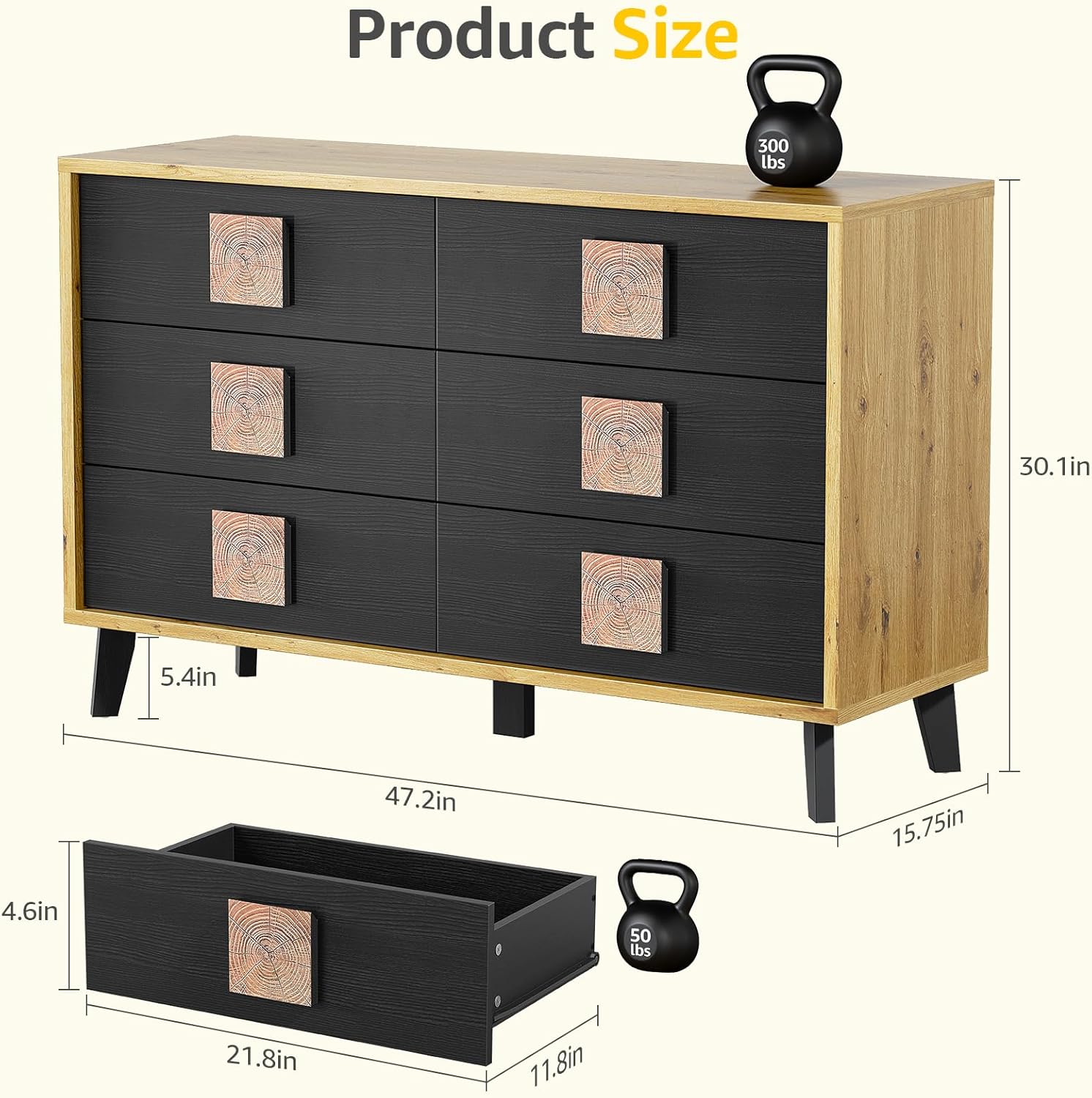 concho wood 6 drawers dresser for bedroom, chest of drawers with natural wood grain, 47 inch tv stand wooden closet storage organizer for living room, bedroom, hallway, black