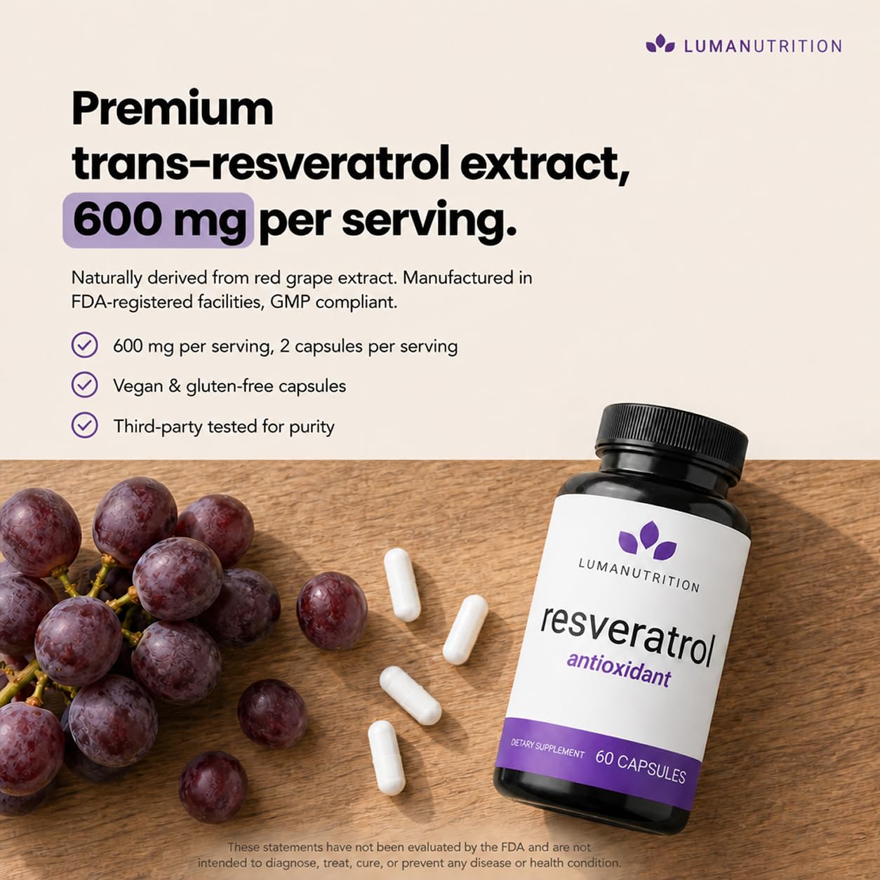 Luma Nutrition Pure Resveratrol Supplement - Antioxidant - 60 Capsules — Amazon image 3