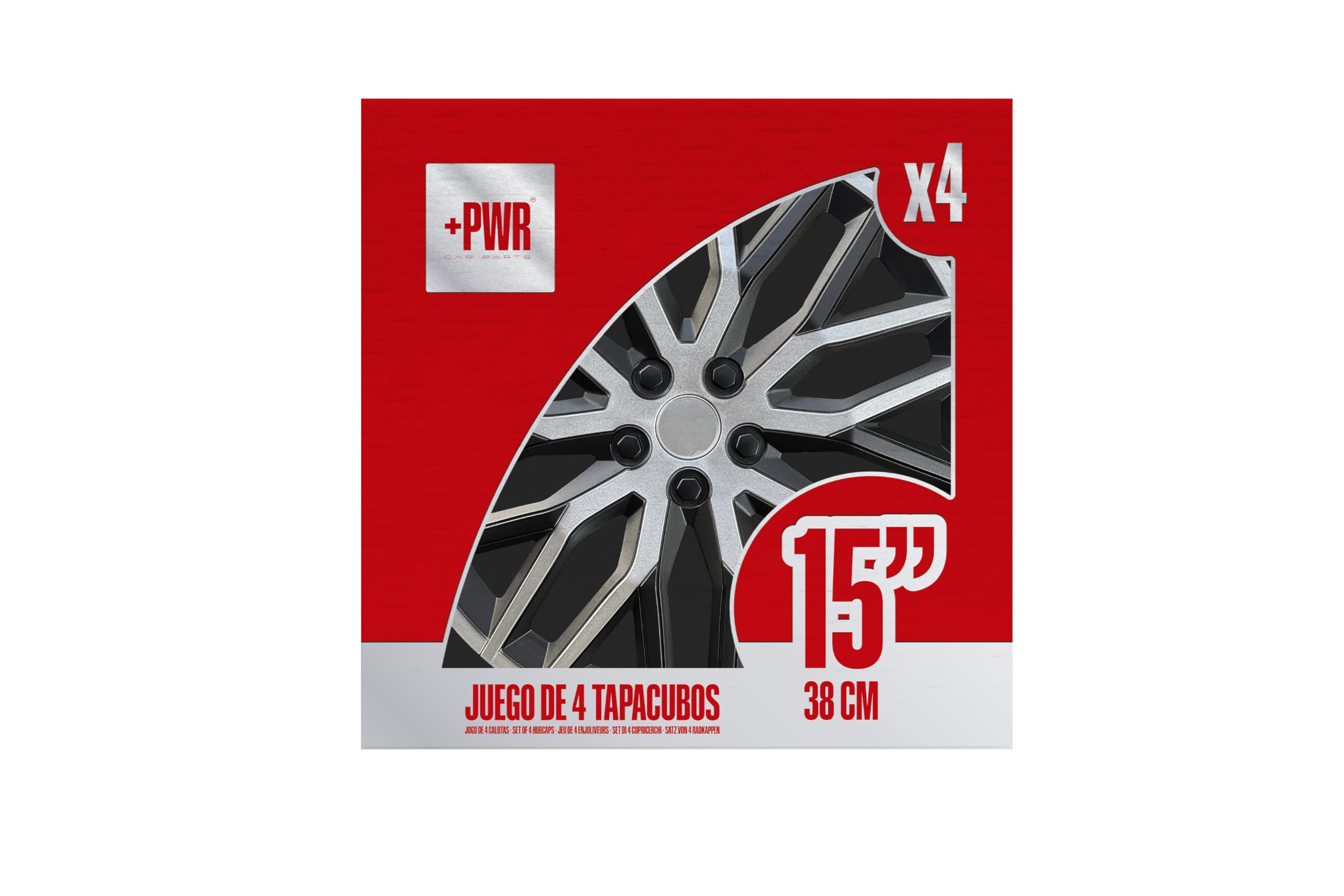 Copricerchi 15" Nova Nero/Argento, Set di 4 unità, Universali, ABS ad alto impatto, Fissaggio a pressione, Design moderno e ventilazione ottimizzata
