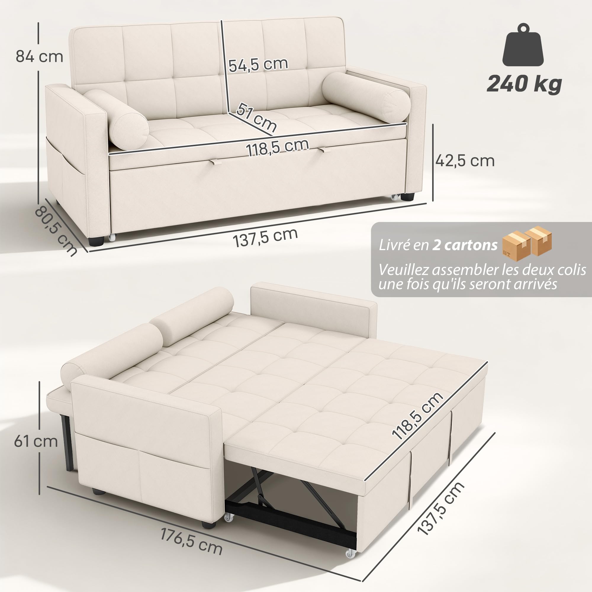 HOMCOM Canapé Convertible 2 Places 3 en 1, canapé-lit capitonné, lit gigogne Double, Dossier réglable, 2 Coussins et Poches d'accoudoirs, Tissu Aspect Lin, pour Chambre, Beige