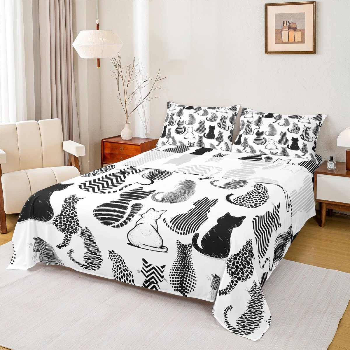 Cute Cat Pattern Bed Sheet Set Twin Size,Cat Kitten Silhouette Sheet Set Kids Teens,Striped Polka Dots Bedding Decor Set with 1 Flat &amp; 1 Fitted Sheet with 1 Pillow Sham