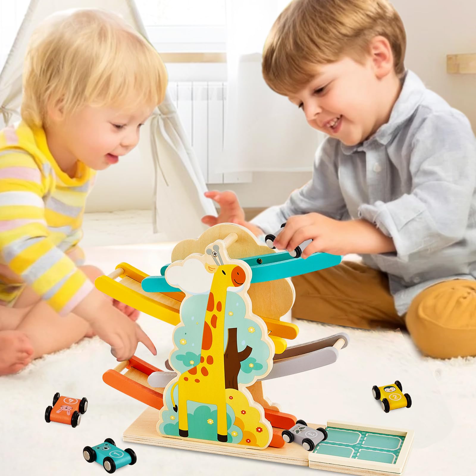 HERSITY Pista per Auto in Legno con 4 Mini Auto Giocattolo, Giochi in Legno per Bambini ha Motivi di Animali, Regalo di Rampa Macchinine per Bambini Bambina 3 4 5 Anni