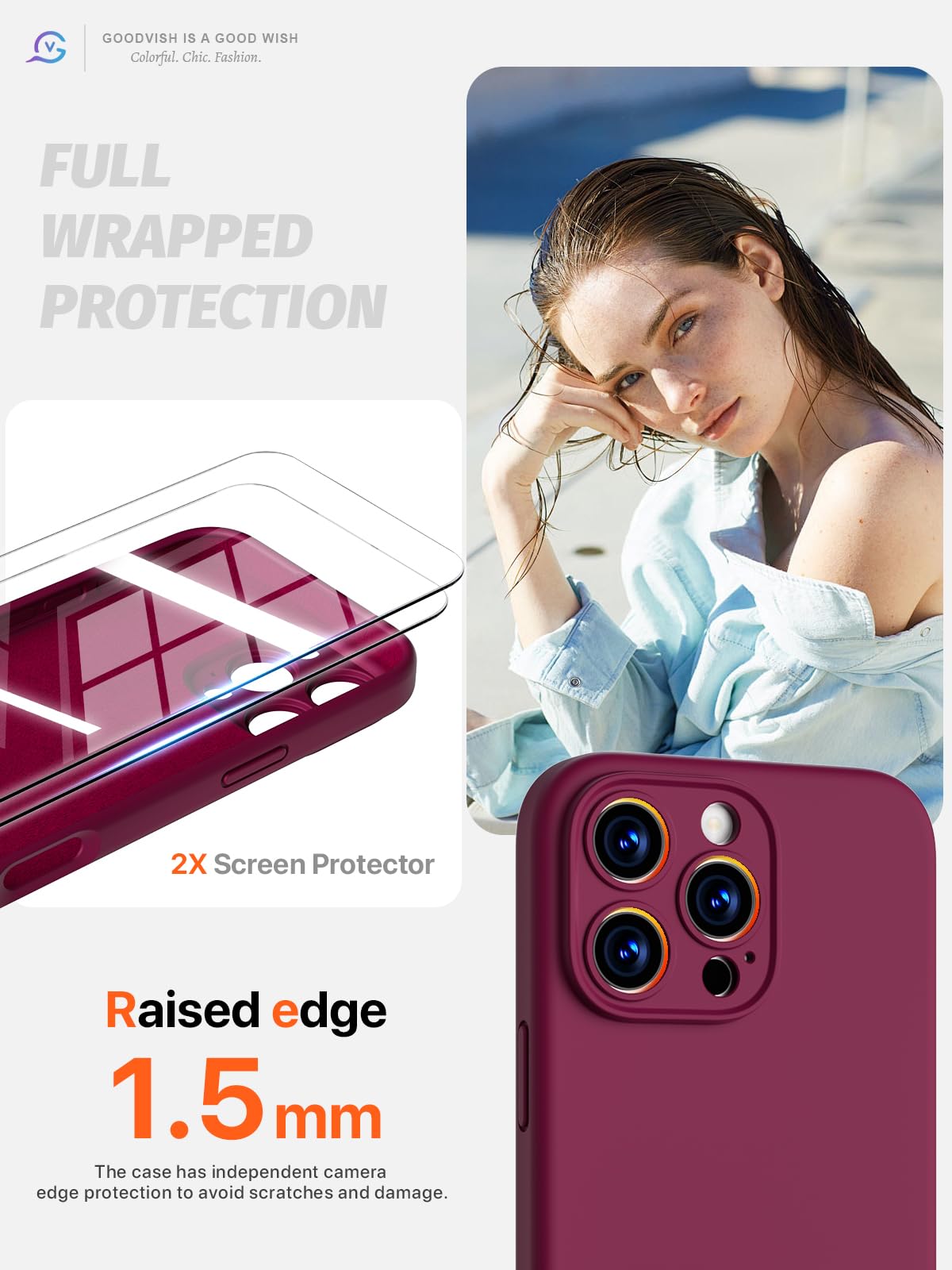 GOODVISH 3 in 1 Silicone Cover per iPhone 16 Pro Max 6.9", Custodia con 2 Pellicola Vetro Temperato [Protezione Fotocamera] Protezione Anticaduta Case per Cellulare Antiurto Resistente, Vino Rosso