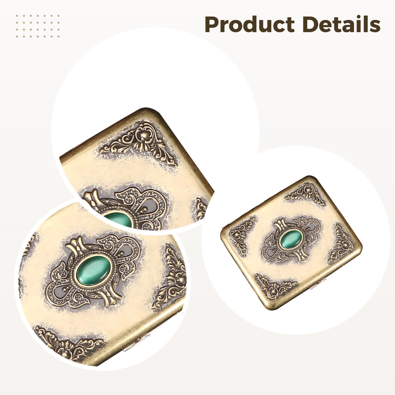 Étui à cigarettes vintage, métal bronze antique, capacité 20 cigarettes, relief floral avec incrustation de jade, design symétrique à clapet, étui portable pour hommes et femmes