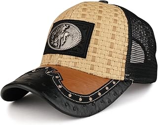 Trendy Apparel Shop Straw Design Metallic Rodeo Cowboy Horse Metal Logo Trucker Mesh Baseball Cap - TAN Black