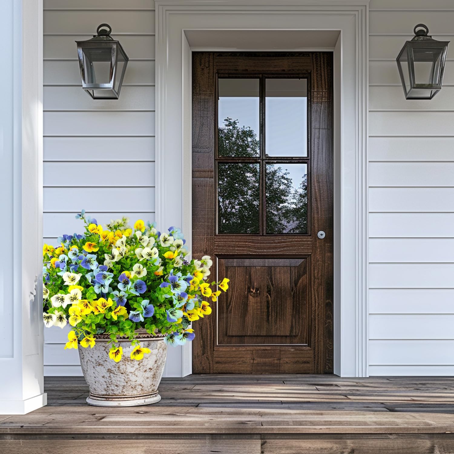 Pansies Artificial Flowers for Outdoors 12 Bundles Fake Silk Pansy Faux Plastic Plants UV Resistant for Home Outside Garden Planter Front Door Porch Yard Patio Decor (Blueyellowwhite) - Image 2