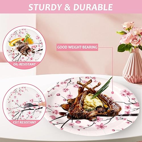 Miniatura 4 de Juego de 100 piezas de suministros de fiesta de cerezo en flor de cerezo, platos y servilletas para fiesta de cumpleaños, paquetes de vajilla para