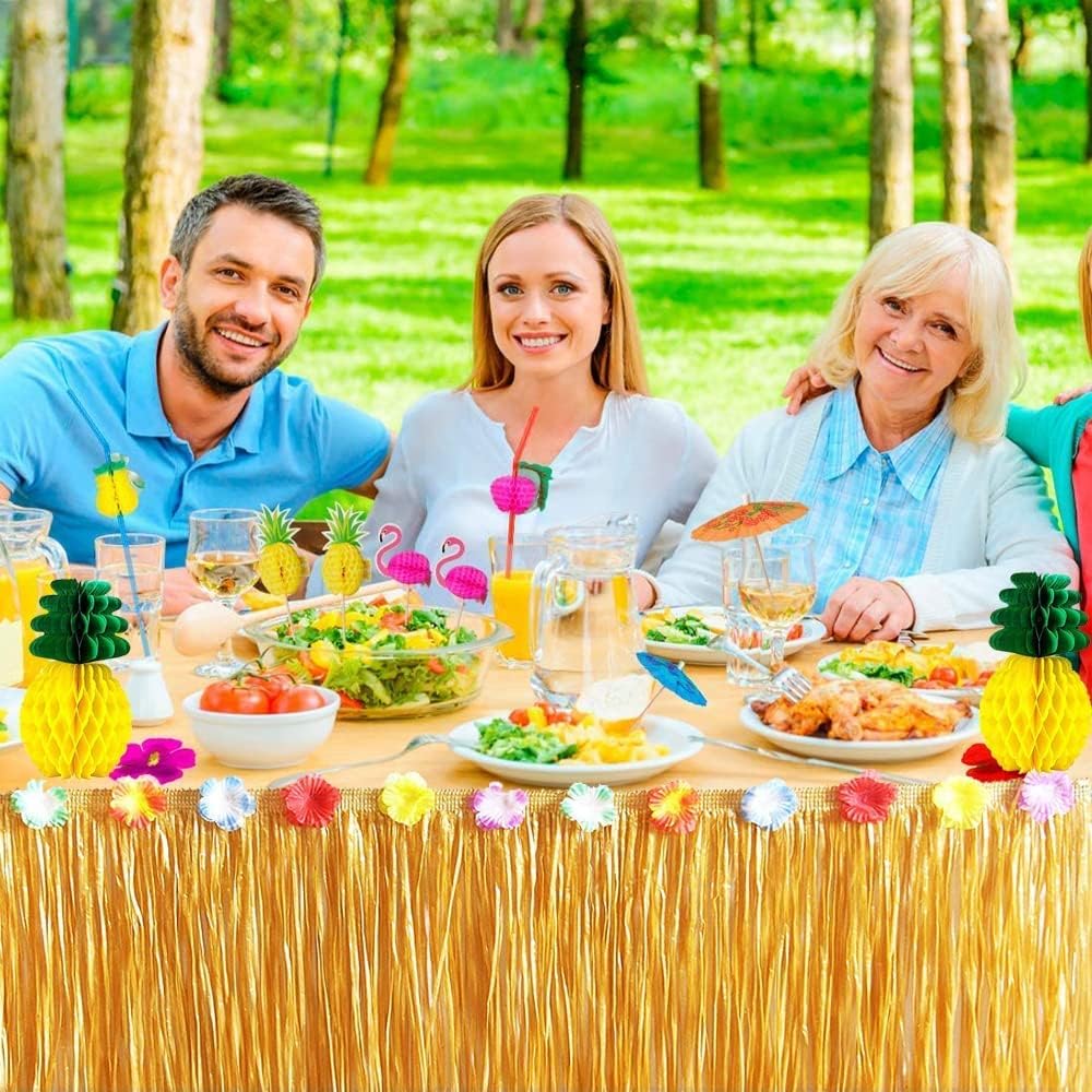 114 Pcs Hawaiian Party Decorations Set,Hawaiian Luau Grass Table Skirt,Hawaiian Flowers,Garland,Palm Leaves,Multicolored Umbrellas, Paper Pineapples,for Jungle Garden Beach Summer Tropical Party