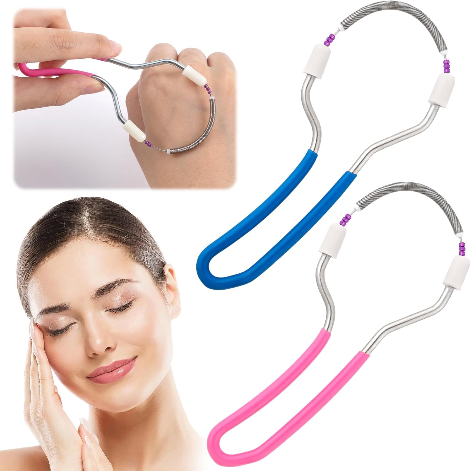 2pcs Manual Facial Hair Remover, Stainless Steel Face Spring Epilator with Handle, Facial Threading Hair Remover Tool for Women Home, Travel – Blue, Pink (Bead Style)