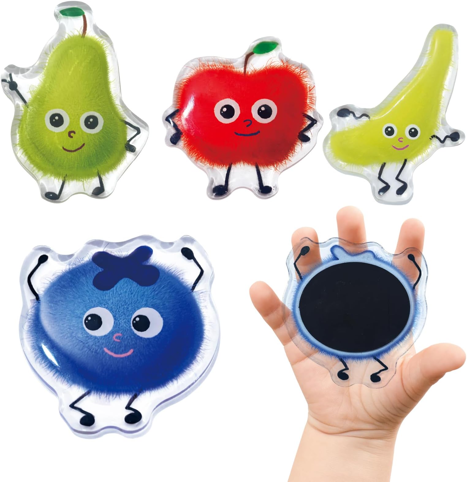 Fuzzy Fruit Fridge Magnets – Set of 4 Acrylic Refrigerator Magnets with Epoxy Domed Surface – Cute Cartoon Banana, Apple, Blueberry, Pear – Fun Gift for Kids, Families, Kitchen & Locker Decor
