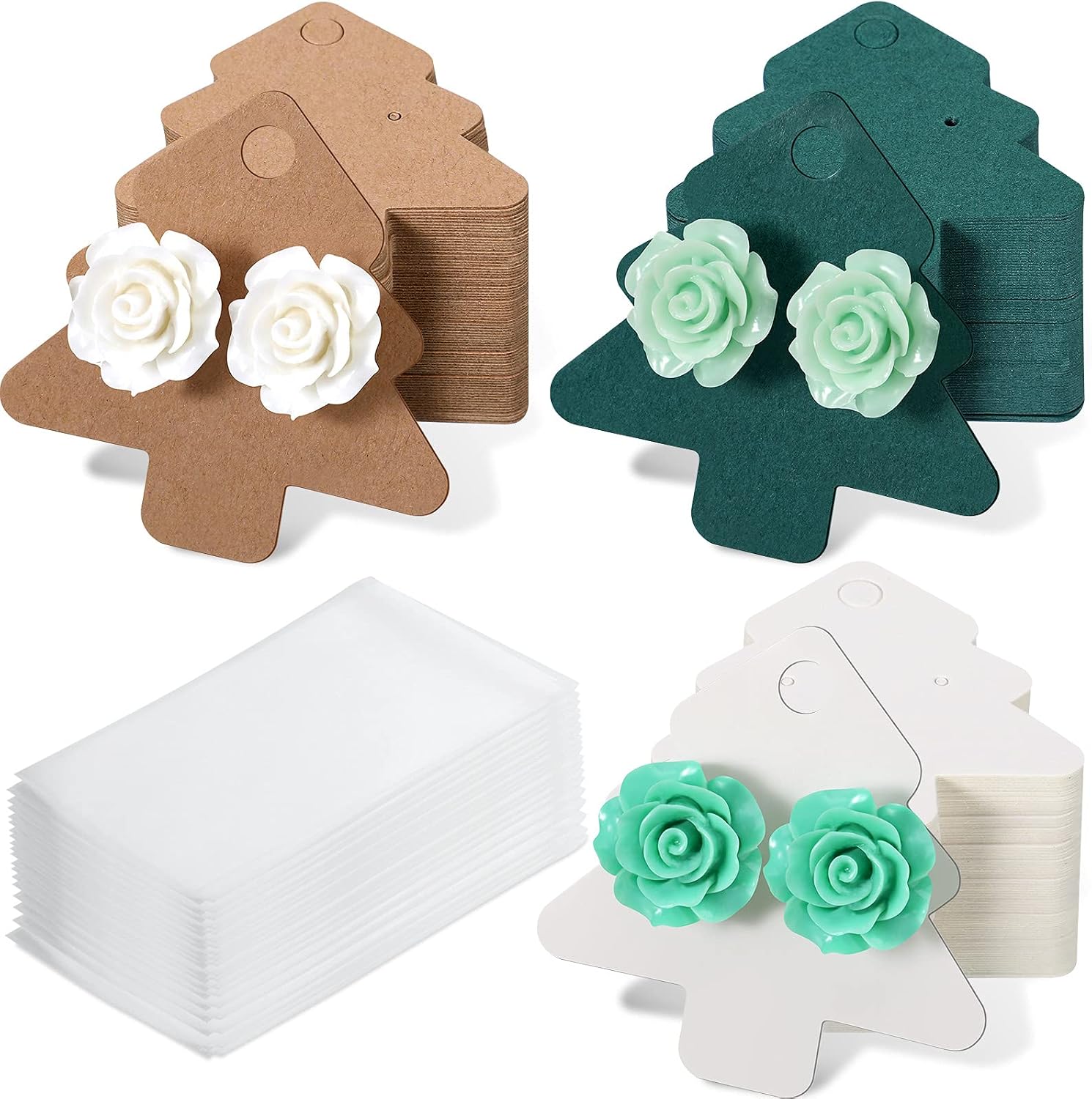 480 Pieces Earring Display Cards Kit Christmas Tree Shaped Jewelry Display Cards for Selling with 240 Pieces Self Seal Bags for DIY Jewelry Making Display Ear Studs Earrings