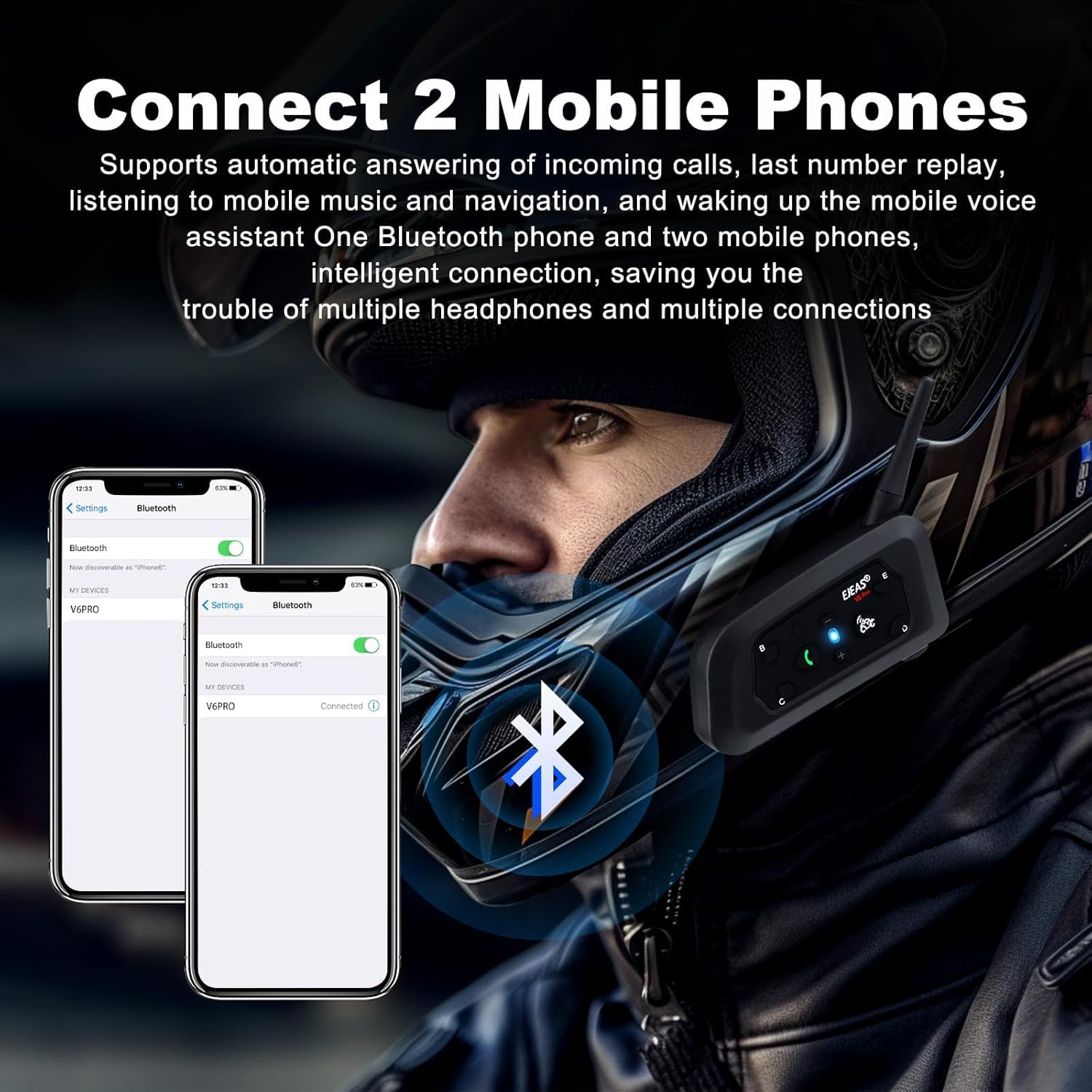 MIMIRACLE V6 Pro - Auriculares Bluetooth para casco de motocicleta, hasta 6 conductores, 2 vías, 1200 m, IP65, impermeable, sistema de comunicación inalámbrico para moto de cross, cuatrimotos,