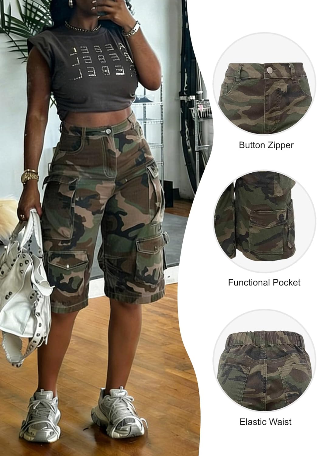 DINGANG Women's Camo Cargo Shorts High Waisted Camouflage Army Fatigue Baggy Bermuda Shorts Jorts