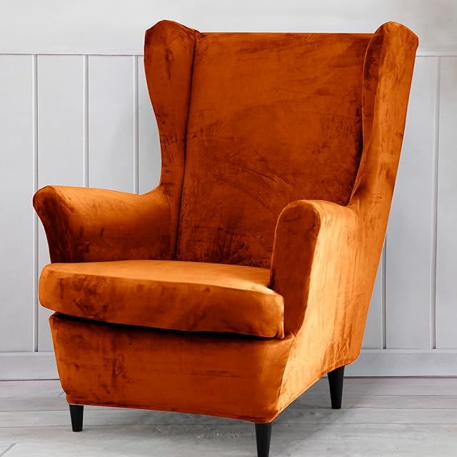 Wing Back Slipcover Velvet Chair Cover,Plush Chair Covers Armchair,Furniture Covers Protector for Living Room Bedroom Decoration (Velvet Orange)