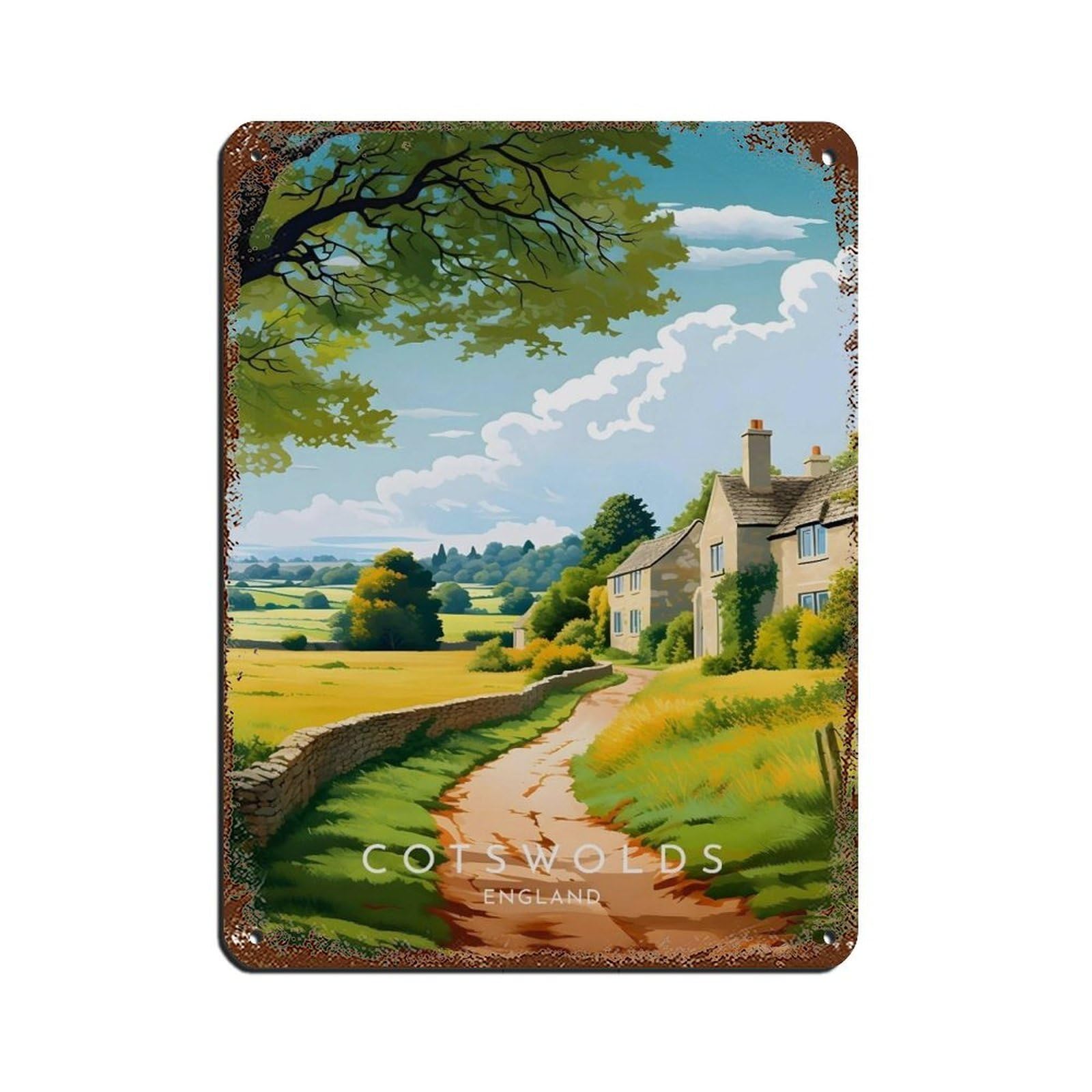 Lxwnze 30L X 40W Cm Cotswolds Travel- England, Cotswolds Retro Poster Metal Tin Sign Chic Art Retro Iron Painting Bar People Cave Cafe Family Garage Poster Wall Decoration 12X16inch(30X40cm)