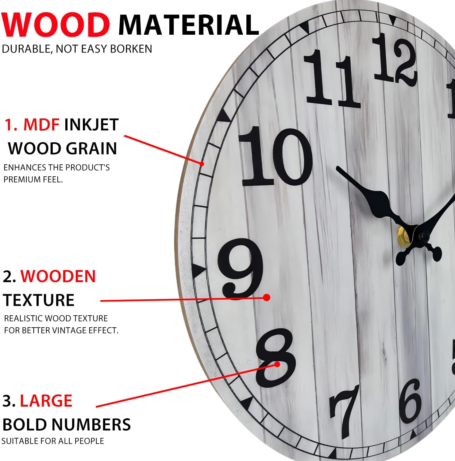 14 Inch Wall Clock Battery Operated, Wooden Rustic Boho Wall Clocks
